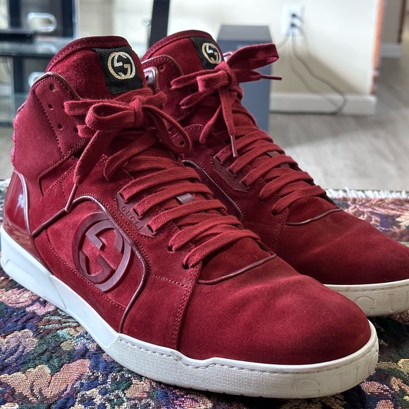 Gucci GG Hightop Red Suede Leather Men’s Fashion Sneakers Size 13 C - Picture 2 of 13